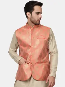 V-Mart Men Pink Self Design Jacquard Nehru Jackets