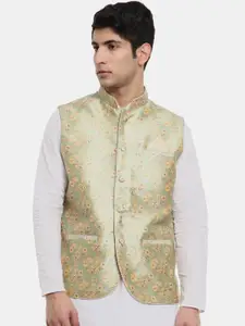 V-Mart Men Green & Yellow Woven Design Nehru Jackets