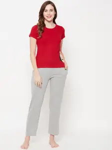 Clovia Women Red & Grey Melange Printed Night suit
