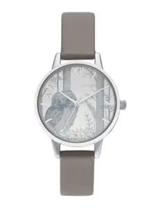 Olivia Burton Women Silver-Toned Dial & Grey Leather Strap Analogue Watch OB16SG10