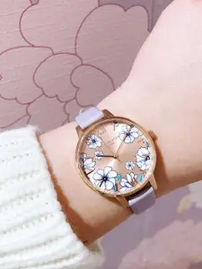 Olivia Burton Women Rose Gold-Toned Floral Dial & Leather Strap Watch OB16AN03