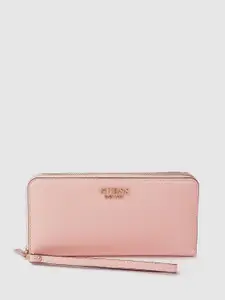 GUESS Women Peach-Coloured Solid Zip Around Wallet with Wrist Loop