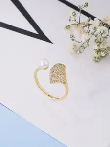 kashwini Gold-Plated White Stone-Studded & Pearl Beaded Adjustable Finger Ring