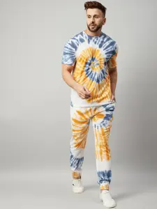 GRITSTONES Men Yellow & Blue Dyed Round Neck Cotton Tracksuit
