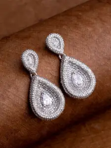 Voylla Silver-Toned Heavily Embellished Teardrop Drop Earrings