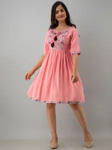 Sangria Pink Floral Embroidered Tie-Up Neck Empire Dress