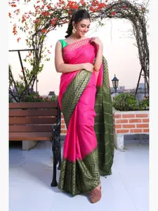Charukriti Pink & Green Woven Design Zari Silk Blend Saree
