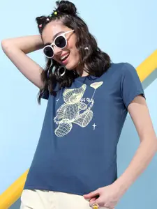 Tokyo Talkies Women Blue Printed Slim Fit T-shirt