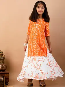 misbis Girls Orange Floral Printed Empire Kurti with Skirt