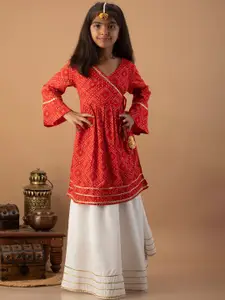 misbis Girls Red Bandhani Printed Angrakha Kurti with Skirt