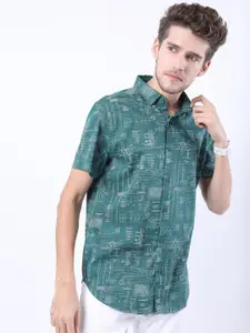 KETCH Men Olive Green Slim Fit Printed Casual Shirt