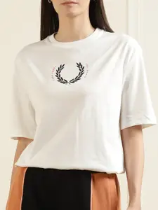 Fred Perry Women White Typography High Neck Drop-Shoulder Sleeves Pure Cotton T-shirt
