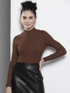 SASSAFRAS Women Brown High Neck Acrylic Pullover