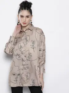 SASSAFRAS Women Champagne Comfort Line Art Printed Casual Shirt