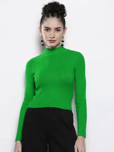 SASSAFRAS Women Green Ribbed Acrylic Pullover