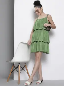 SASSAFRAS Olive Green Layered Pleated Chinon Frill Dress