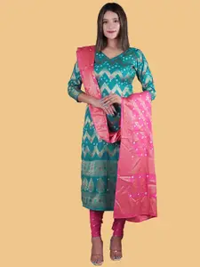 Divine International Trading Co Women Turquoise Blue & Pink Pure Cotton Unstitched Dress Material