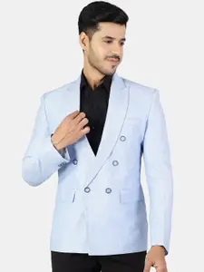 Wintage Men Blue Solid Double Breasted Linen Blazers