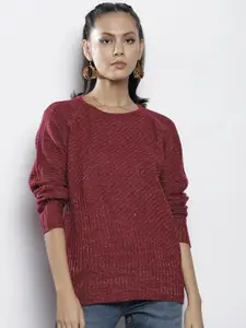 SASSAFRAS Women Maroon Rib Knit Round Neck Full Sleeves Sweater