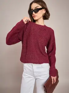 SASSAFRAS Women Maroon Rib Knit Round Neck Full Sleeves Sweater
