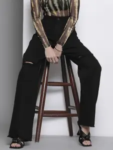 SASSAFRAS Black Comfort Straight Fit High-Rise Cotton Slash Knee Jeans