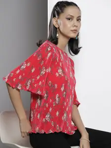 SASSAFRAS Red & Beige Floral Print Pleated Chinon A-Line Top