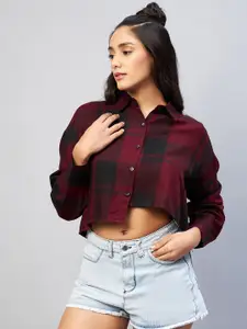 CHIMPAAANZEE Women Maroon Oversized Tartan Checks Casual Shirt