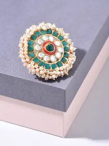 Zaveri Pearls Gold-Plated Green & Pink Kundan-Studded Finger Ring