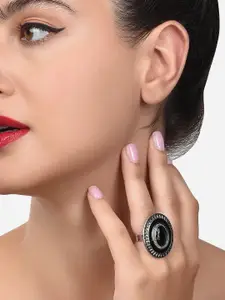 Zaveri Pearls Women Black Oxidised Oval Shaped Finger Ring