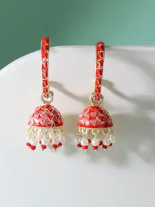 Zaveri Pearls Red & White Contemporary Jhumkas Earrings