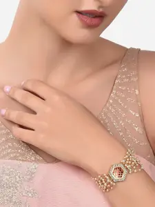 Zaveri Pearls Women Gold Toned Red Center Piece Multistrand Pearls Ethnic Bracelet