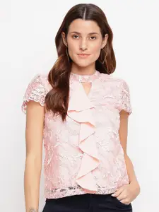 Latin Quarters Women Pink Lace top with ruffles Keyhole Neck Top