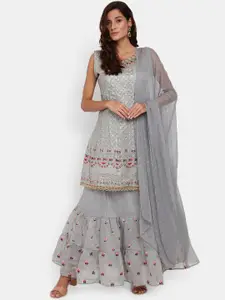 Desi Mix Women Grey Floral Embroidered Kurta with Skirt & With Dupatta