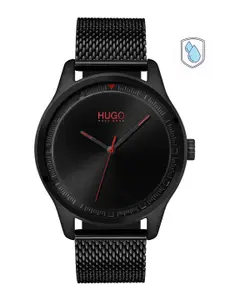 HUGO Men Black Brass Dial & Black Bracelet Style Straps Analogue Watch 1530044