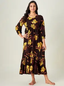 The Kaftan Company Women Brown Printed Maxi Nightdress