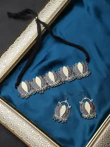 CARDINAL Silver Oxidised Meenakari Studded Choker Necklace Set