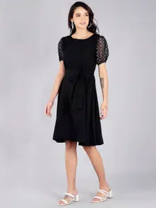 Fashfun Women Black Solid Puff Sleeve Crepe Dress