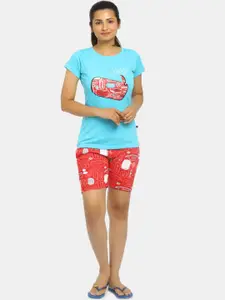 V-Mart Women Blue & Red Printed Night suit