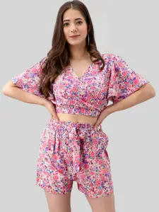 PRETTY LOVING THING Women Floral Pink Printed Crop Top & Shorts Set