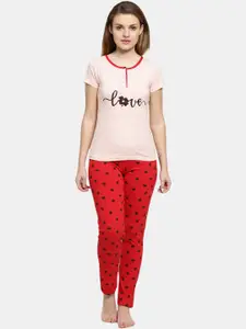 V-Mart Women Peach-Coloured & Red Printed Night suit