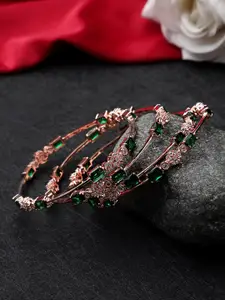 CARDINAL Set Of 4 Rose Gold Plated Green & White AD Studded Bangle