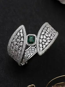 CARDINAL Women Silver-Toned & Green Brass American Diamond Cuff Bracelet