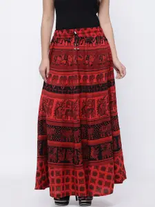 SOUNDARYA Red & Black Ethnic Print Maxi Pure Cotton Skirt