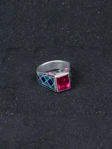 SANGEETA BOOCHRA 925 Sterling Silver Silver Coloured Pink & Blue CZ Studded Afghan Finger Ring
