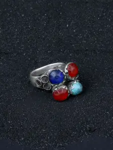SANGEETA BOOCHRA Silver Coloured Red & Blue CZ Studded Afghan Finger Ring