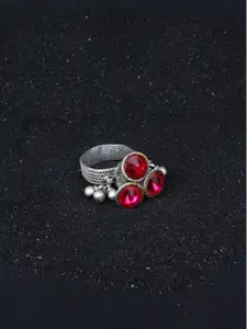 SANGEETA BOOCHRA Silver-Toned Red CZ-Studded Afghan Finger Ring