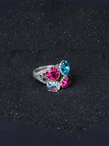 SANGEETA BOOCHRA Silver-Toned Pink & Blue CZ-Studded Afghan Finger Ring