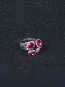 SANGEETA BOOCHRA Silver-Toned Pink CZ-Studded Afghan Finger Ring