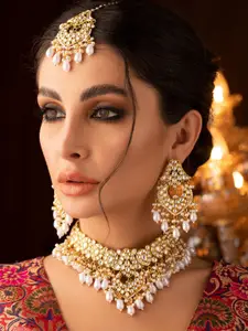 Rubans 24K Gold Plated Kundan & Pearl Beaded Layered Bridal Necklace Set with Maang Tikka