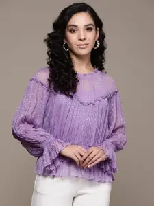 Label Ritu Kumar Purple Dobby Weave Chiffon Top with Camisole